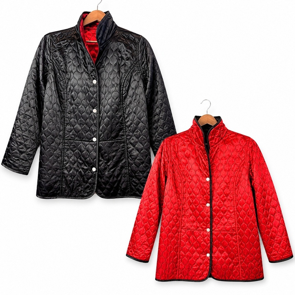 Reversible Black Red Quilted Satin Jacket Womens L Snap Front Evening Opera Coat